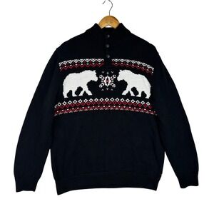 Chaps Mens Black Knit Sweater Pullover 1/4 Button Collar Bear Fair Isle Design